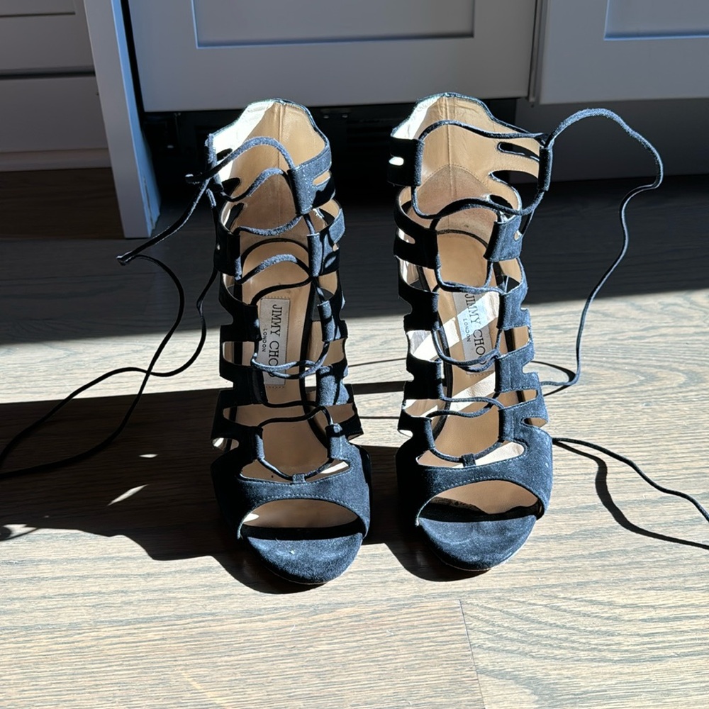 Gorgeous, sexy, black suede lace up Jimmy Choo 4 inch stilettos. Size 38